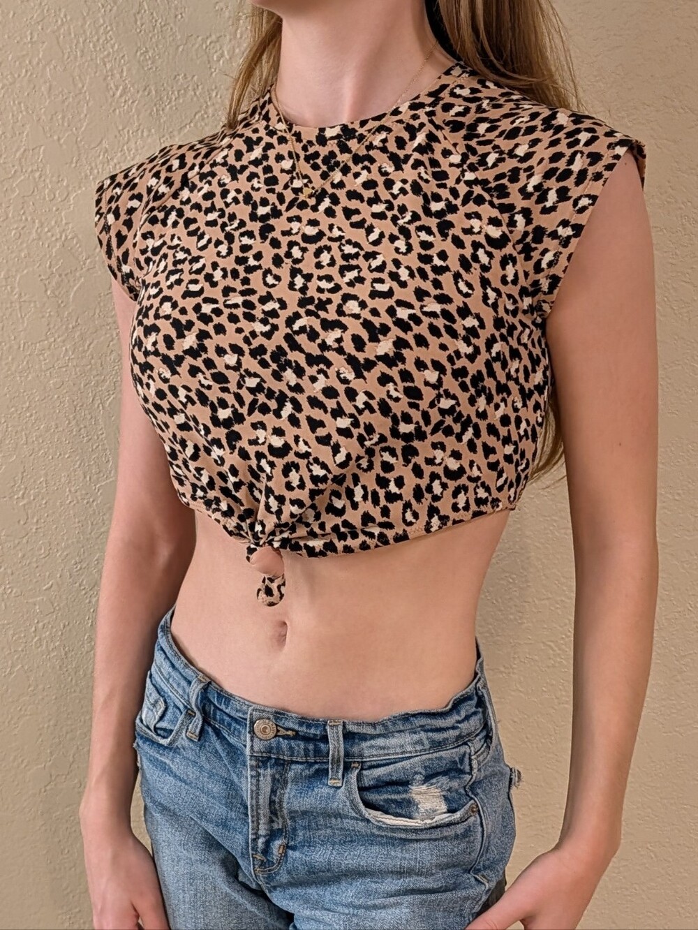 Aerie Tan And Black Leopard Tie-Front Crop Top With Cap Sleeves